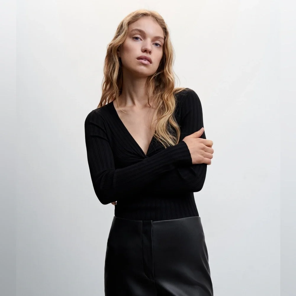 Mango Ribbed Front Knot Sweater